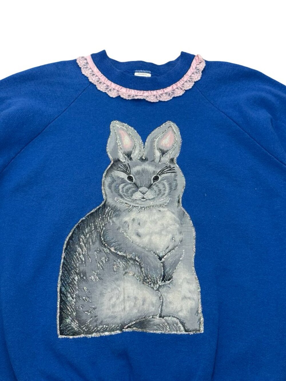 Vintage 1990s Fruit of the Loom Bunny Sweatshirt Blue Hand Painted Rabbit Made i - Picture 4 of 9